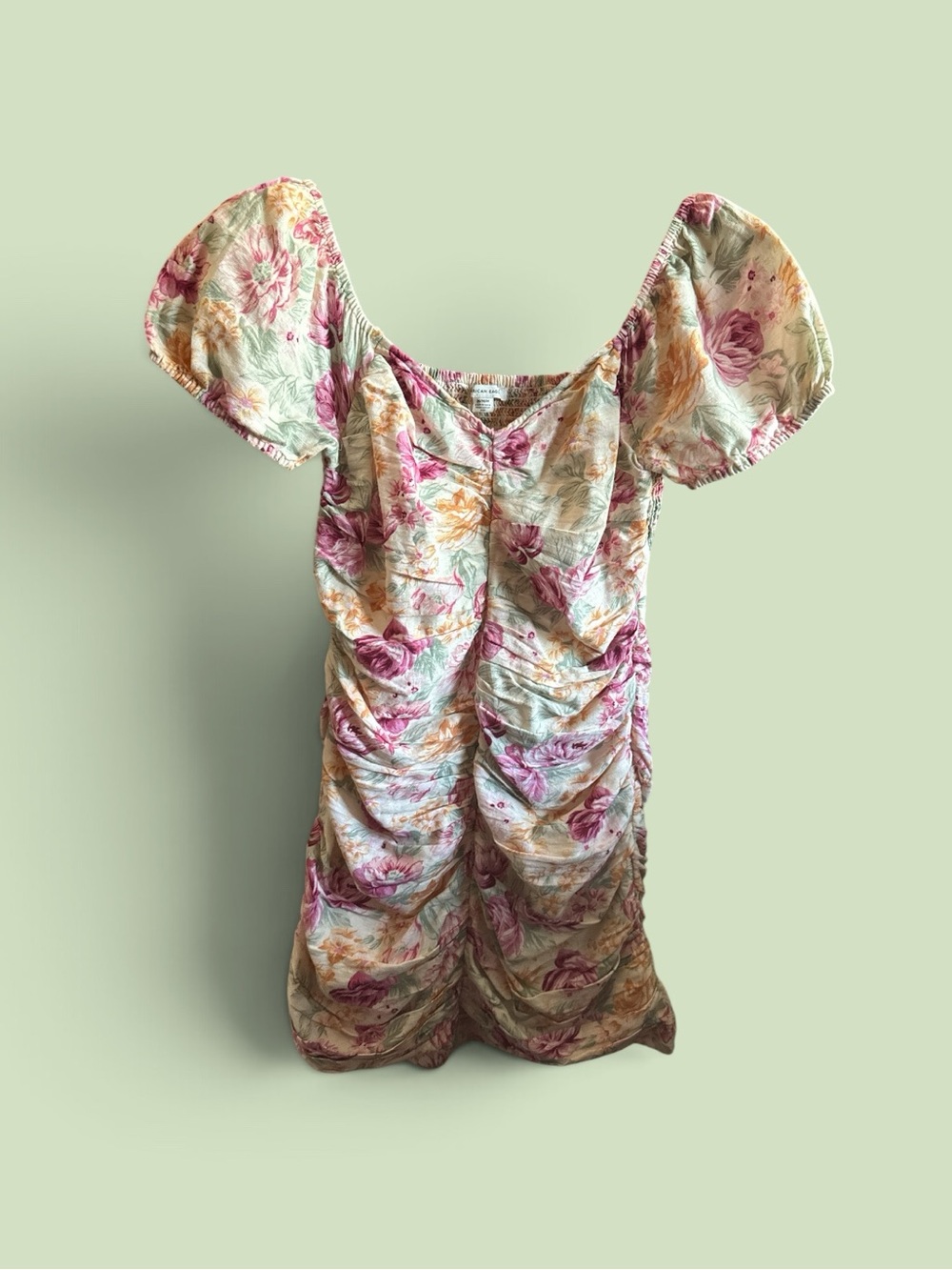 American Eagle Women’s Size Medium NWT Rose Floral Ruched Puff Sleeve Mini Dress